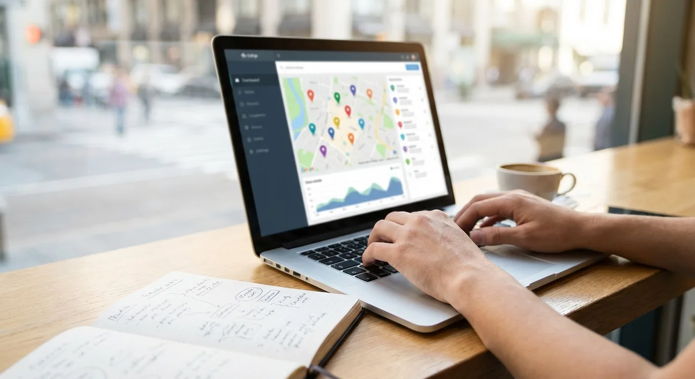 Pessoa digitando em laptop com mapa e gráficos na tela, xícara de café ao lado e caderno aberto.